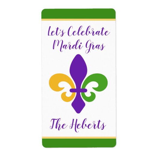 Mardi Gras NAME Green Gold Purple Fleur de Lis ラベル (正面)