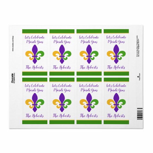 Mardi Gras NAME Green Gold Purple Fleur de Lis ラベル (フルシート)