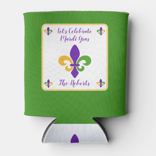 Mardi Gras NAME Green Gold Purple Fleur de Lis 缶クーラー (正面)