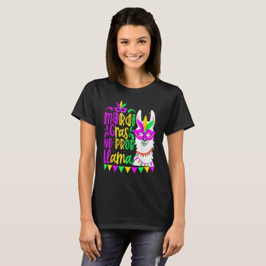 Mardi Gras No Prob Llama Alpaca Funny Carnival Cos Tシャツ (正面フル)