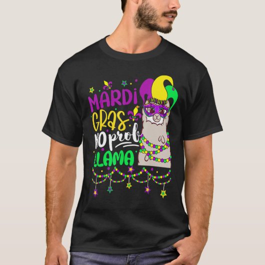 Mardi Gras No Prob Llama Alpaca Funny Carnival Cos Tシャツ (正面)