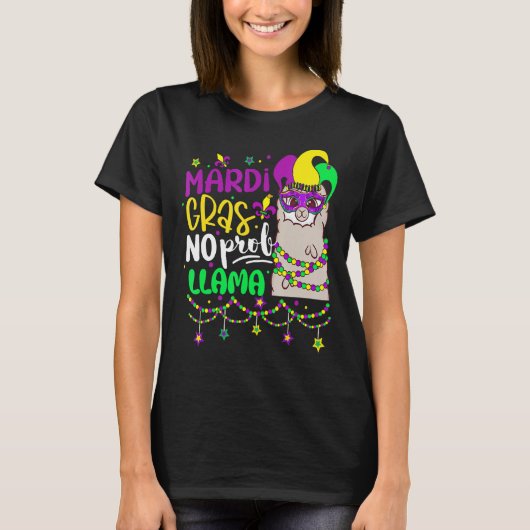 Mardi Gras No Prob Llama Alpaca Funny Carnival Cos Tシャツ (正面)