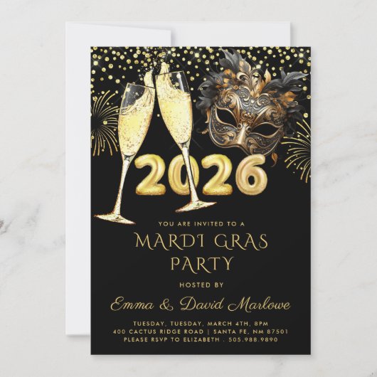 Mardi Gras Party 2026 Black Gold Glitter 招待状 (正面)