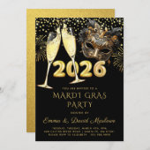 Mardi Gras Party 2026 Black Gold Glitter 招待状 (正面/裏面)