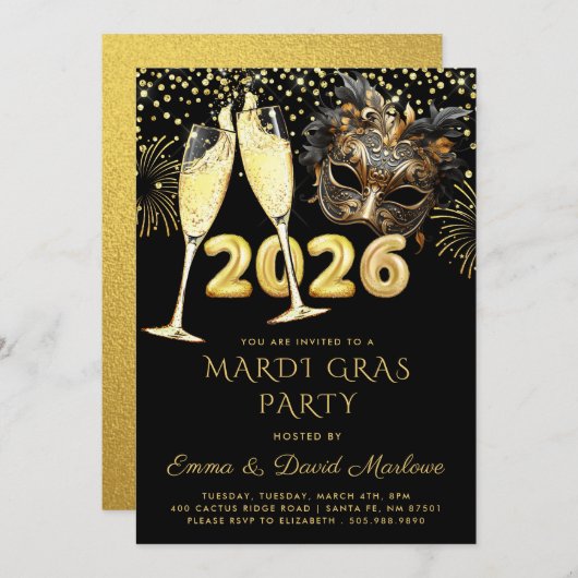 Mardi Gras Party 2026 Black Gold Glitter 招待状 (正面/裏面)