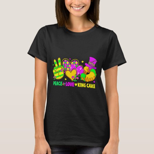 Mardi Gras Peace Love King Cake Funny Party Carniv Tシャツ (正面)
