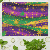 Mardi gras Purple Green Gold Stars Stripes Vibrant キッチンタオル (折り畳み)