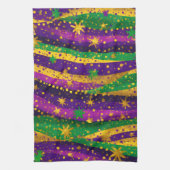 Mardi gras Purple Green Gold Stars Stripes Vibrant キッチンタオル (縦)