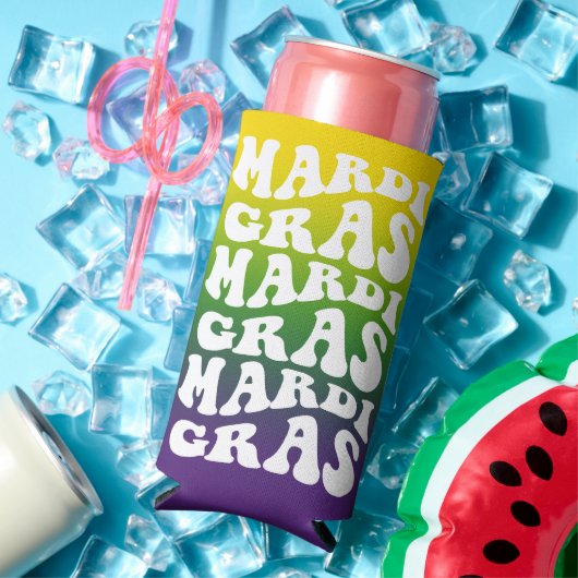 Mardi Gras Retro Text Ombre Party スリム缶クーラー (インサイチュ 夏)