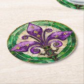 Mardi Gras Stained Glass Fleur de lis ラウンドペーパーコースター (アングル)
