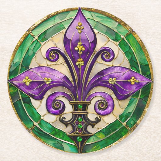 Mardi Gras Stained Glass Fleur de lis ラウンドペーパーコースター (正面)