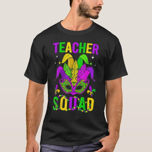 Mardi Gras Teacher Squad Funny Carnival Mask Beads Tシャツ (正面)