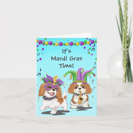 Mardi Gras Time with Cavalier King Charles Spaniel カード (正面)
