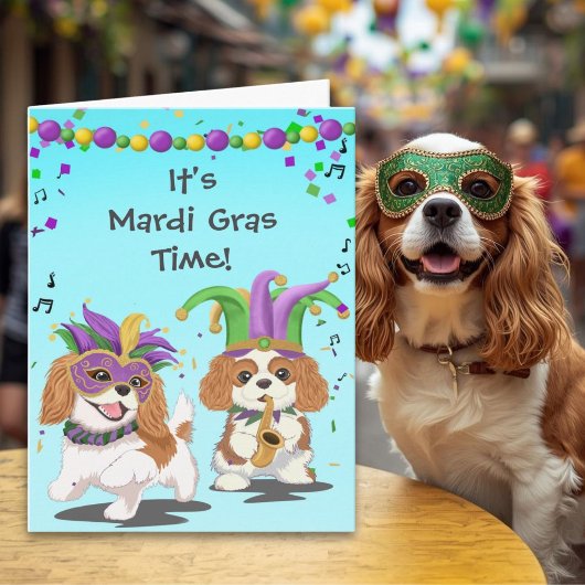 Mardi Gras Time with Cavalier King Charles Spaniel カード