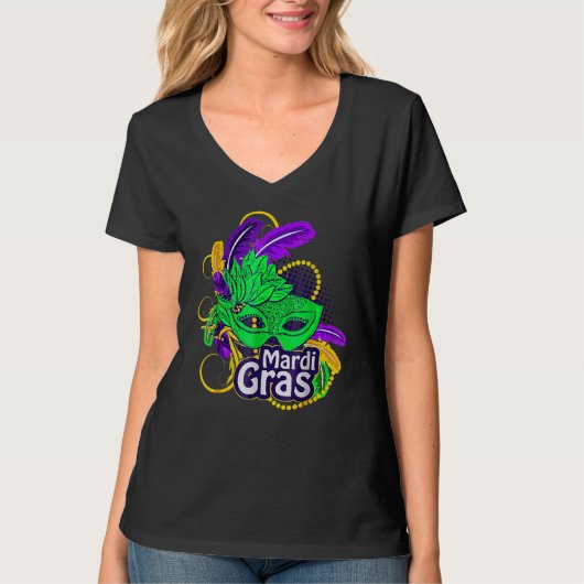 Mardi Gras Tops For Women Mask Feathers Beads NOLA Tシャツ (正面)