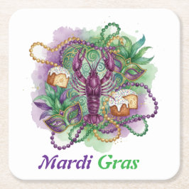 Mardi Gras Watercolor Celebration スクエアペーパーコースター