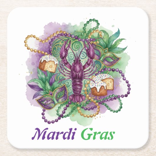 Mardi Gras Watercolor Celebration スクエアペーパーコースター (正面)