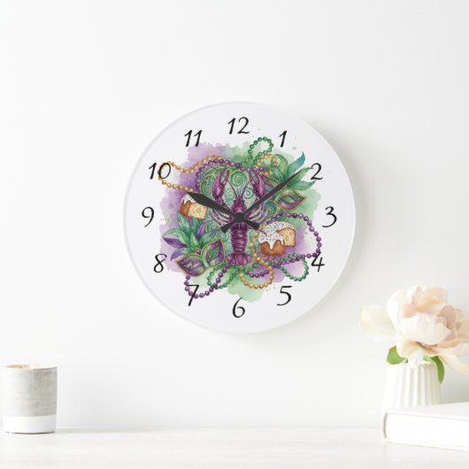 Mardi Gras Watercolor Celebration  ラージ壁時計 (ホーム)