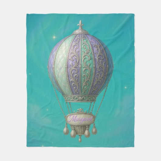 Margaret Personalized Teal Starry Hot Air Balloon  フリースブランケット (正面)