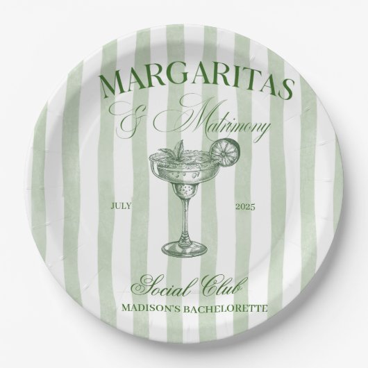 Margaritas and Matrimony Striped Bachelorette ペーパープレート (正面)