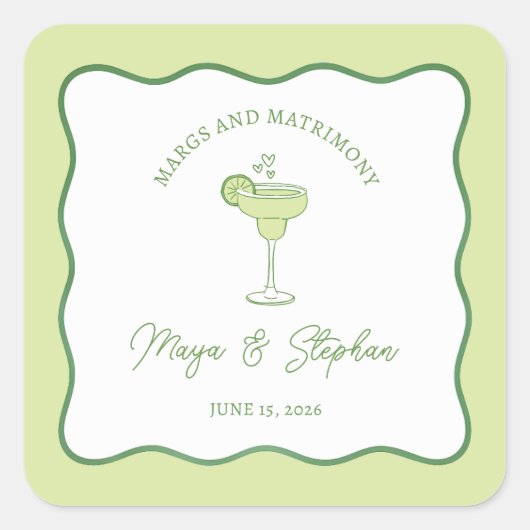 "Margs & Matrimony" Simple Lime Margarita Wedding スクエアシール (正面)