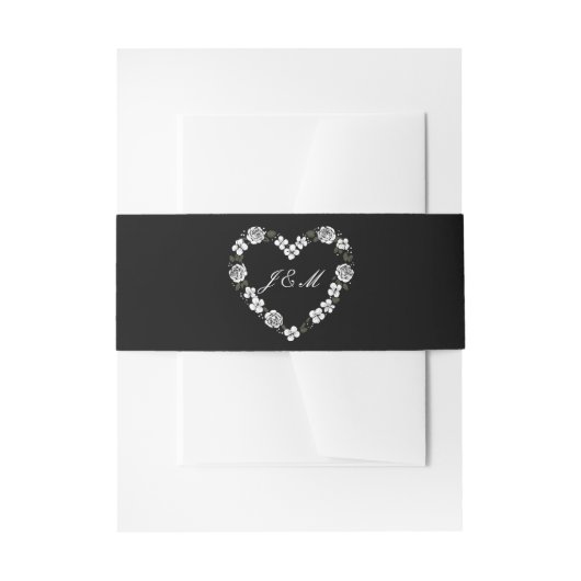Mariage monogramme cœur floral noir et blanc 招待状ベリーバンド (正面例)