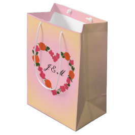 mariage rose et orange couronne de fleurs en coeur ミディアムペーパーバッグ