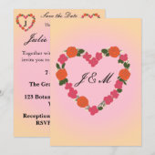 Mariage rose et orange Couronne de Fleurs en coeur 招待状 (正面/裏面)