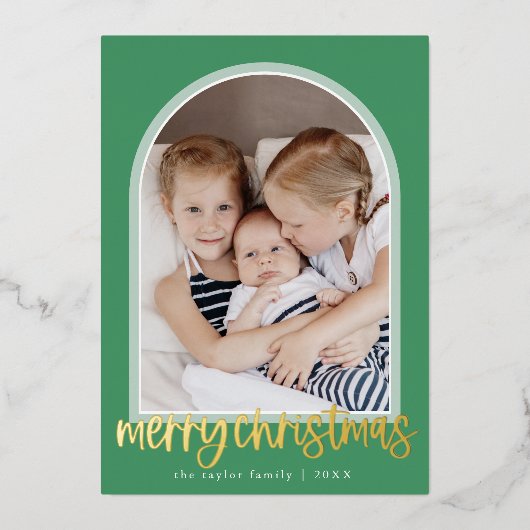 MARIAHグリーンゴールドフォイルアーチフォトメリークリスマス 箔シーズンカード (正面)