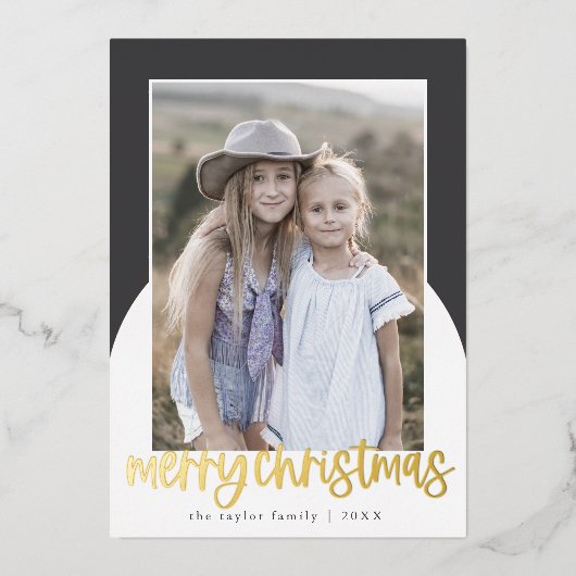 MARIAHグレーフォイルアーチおもしろいファミリーフォトクリスマス 箔シーズンカード (正面)