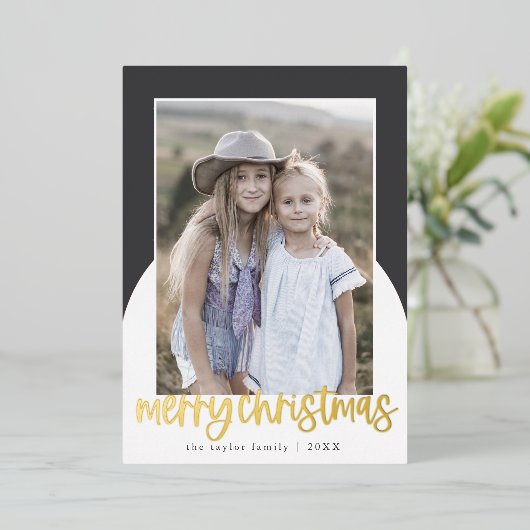MARIAHグレーフォイルアーチおもしろいファミリーフォトクリスマス 箔シーズンカード (立ち正面)