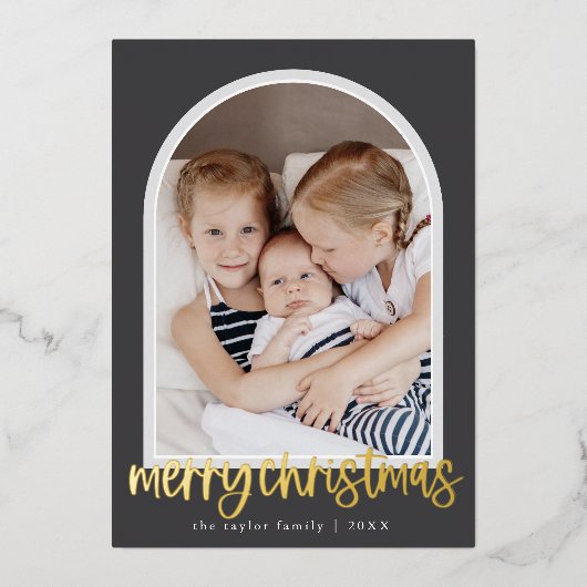 MARIAHグレーフォイルアーチファミリーフォトメリークリスマス 箔シーズンカード (正面)