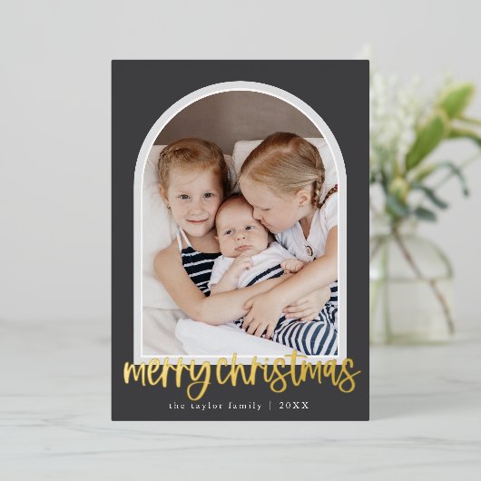 MARIAHグレーフォイルアーチファミリーフォトメリークリスマス 箔シーズンカード (立ち正面)