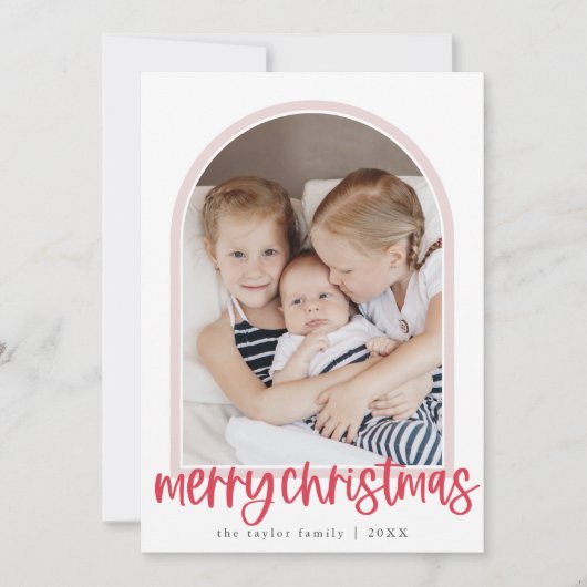 MARIAH赤ピンクアーチ家族の写真メリークリスマス シーズンカード (正面)