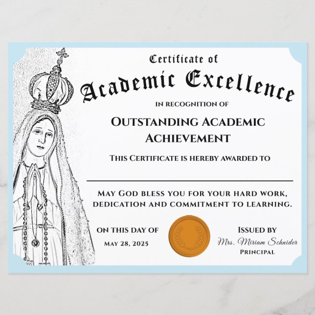 Marian Academic Achievement Certificate発行 (正面)