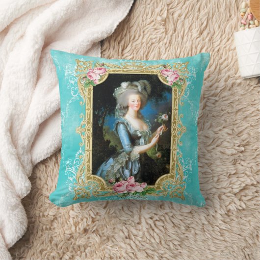 Marieアントワネットの青いダマスク織バラの枕クッション クッション (ブランケット)