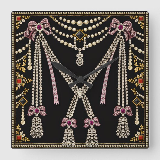 Marie Antoinette French Inspired Design Bejewelled スクエア壁時計 (正面)