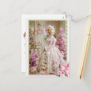 Marie Antoinette pink tree Roses cat Christmas シーズンポストカード