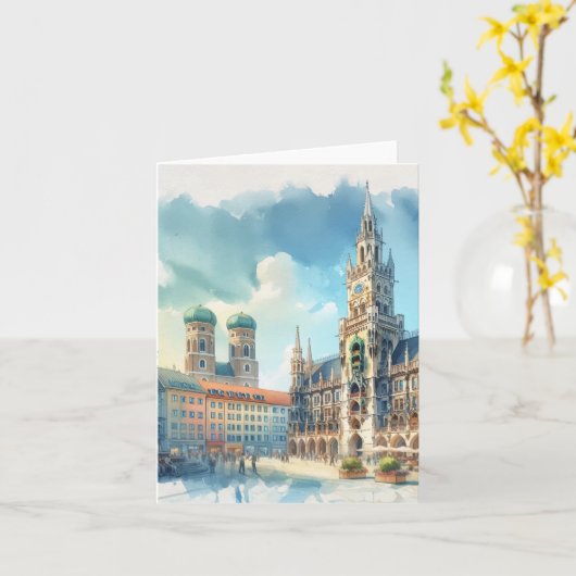 Marienplatz Munich Germany Watercolor カード (黄色い花)