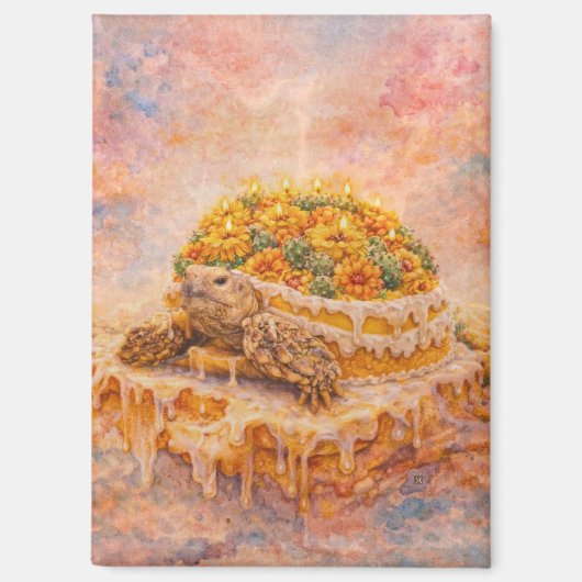 Marigold and cactus Sulcata Tortoise birthday cake マグネット (正面)