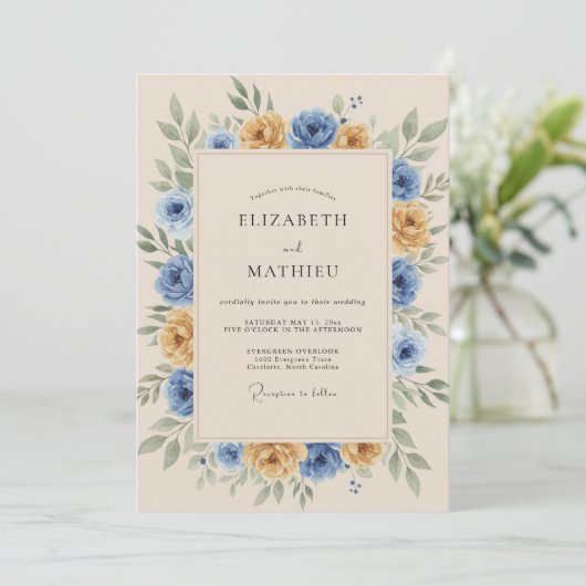 Marigold Blue Rustic Botanical Wedding 招待状 (スタンド正面)