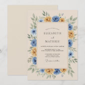 Marigold Blue Rustic Botanical Wedding 招待状 (正面/裏面)