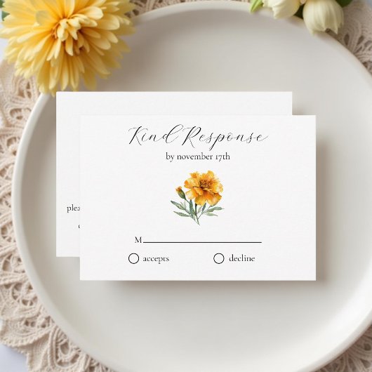 Marigold Elegant Watercolor Floral Yellow Wedding 出欠カード