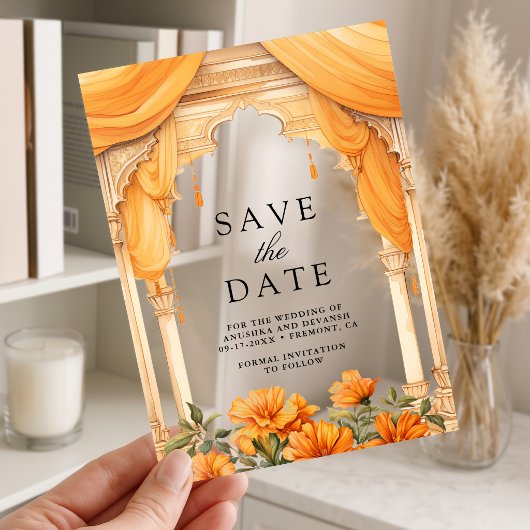 Marigold Floral Indian Hindu Wedding Save the Date アクリル招待状