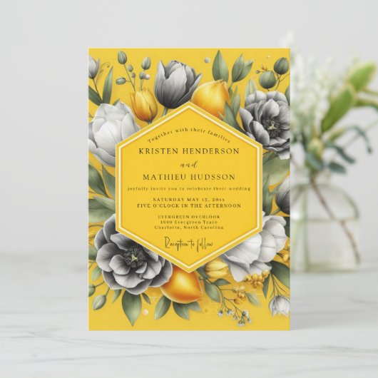 Marigold Greyscale Citrus Wedding 招待状 (スタンド正面)