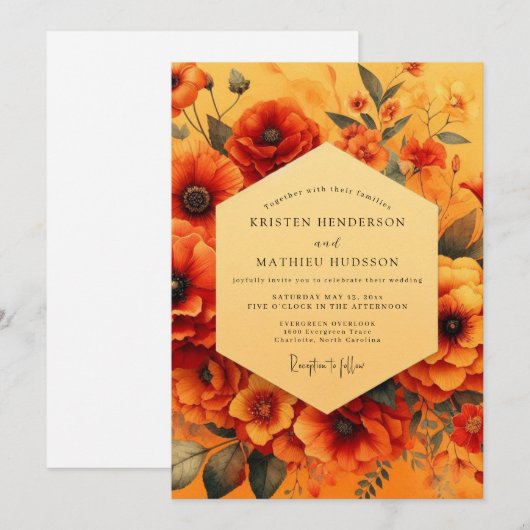 Marigold Painterly Poppy Wedding 招待状 (正面/裏面)