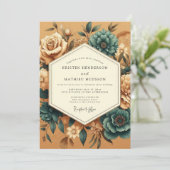 Marigold Teal Vintage Flora Wedding 招待状 (スタンド正面)