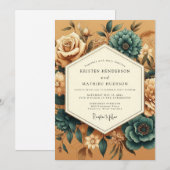 Marigold Teal Vintage Flora Wedding 招待状 (正面/裏面)