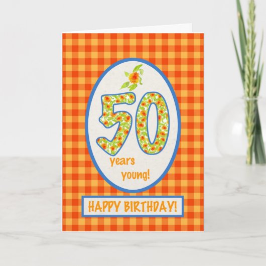 Marigolds and Check Gingham: 50誕生日カード カード (正面)