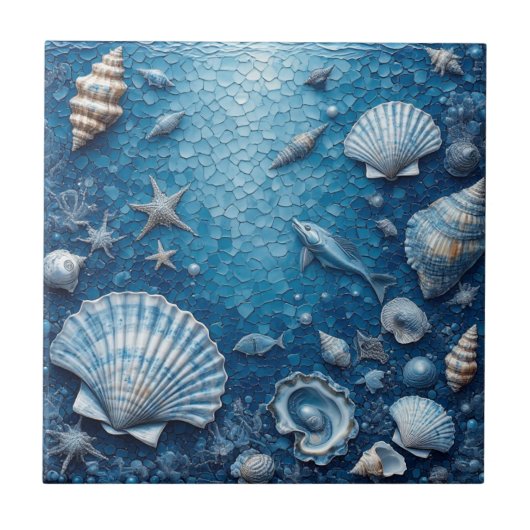 Marine Life Underwater Seashells Fish Backsplash  タイル (正面)